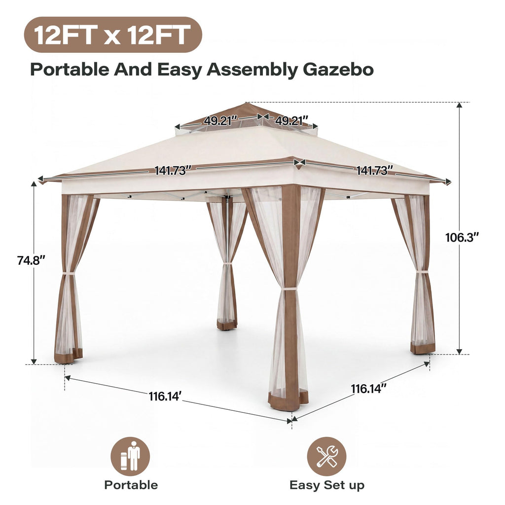 12x12 Pop Up Gazebo Canopy Tent with Mosquito Netting, Khaki J175