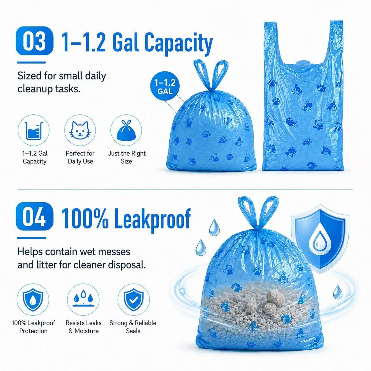 Cat Litter Poop Pick-Up Bags with Handles, Leak Proof, Unscented, 100 bags M72712