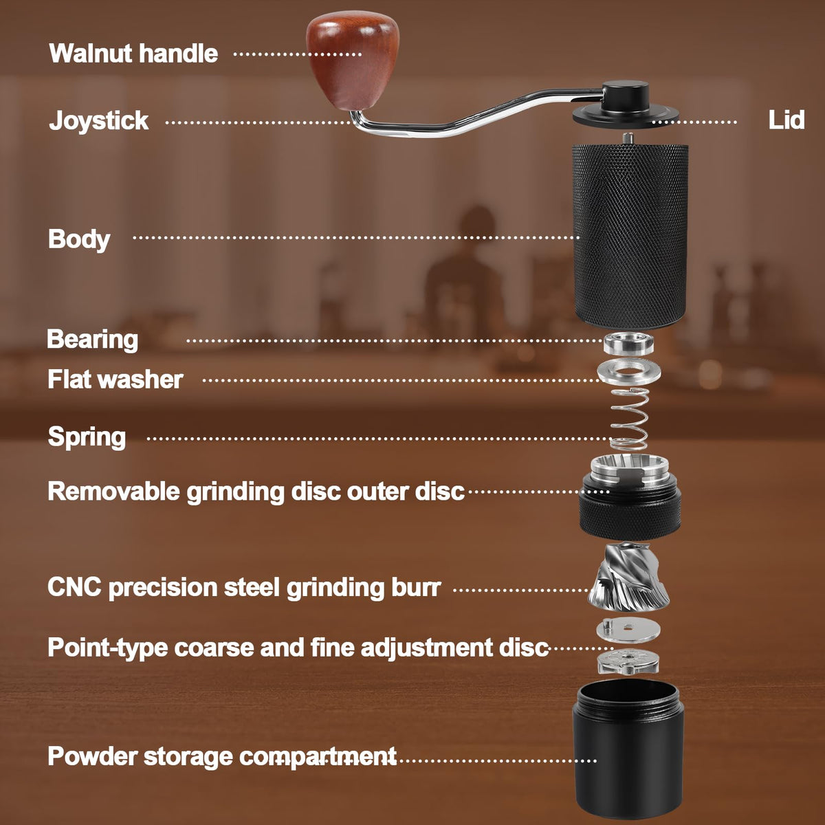 Manual Coffee Grinder Detachable Stainless Steel Conical Burr Black Z134