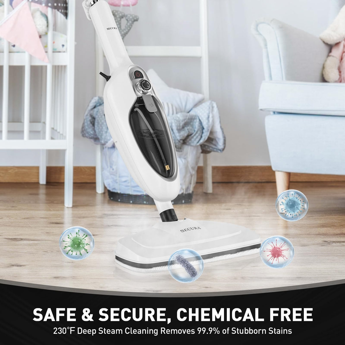 White 10-in-1 Detachable Steam Mop with 3 Microfiber Pads E4502