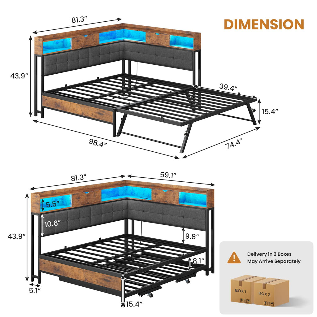Black Corner Full Bed Frame with Trundle U809
