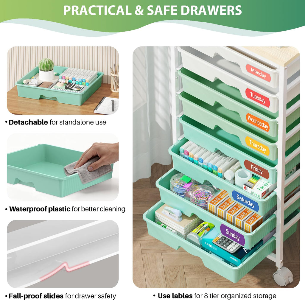 Green Rolling Cart with 8 Drawers B3458