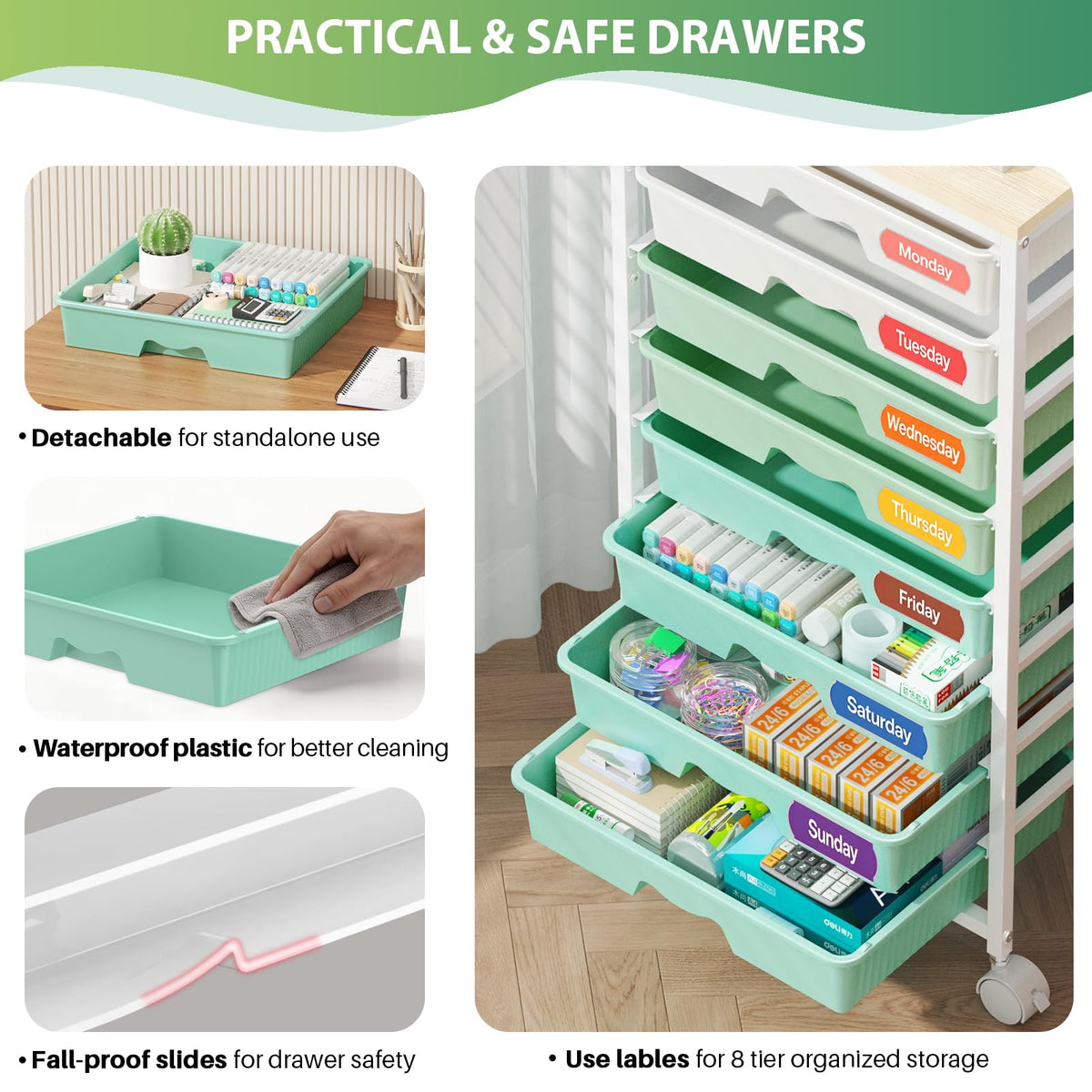 Green Rolling Cart with 8 Drawers B3458