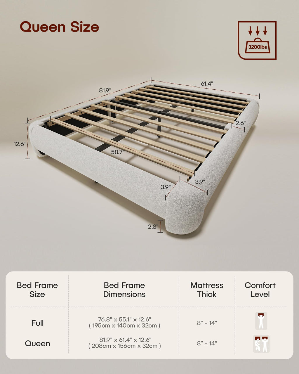 Queen Size White Boucle Upholstered Bed Frame L39311