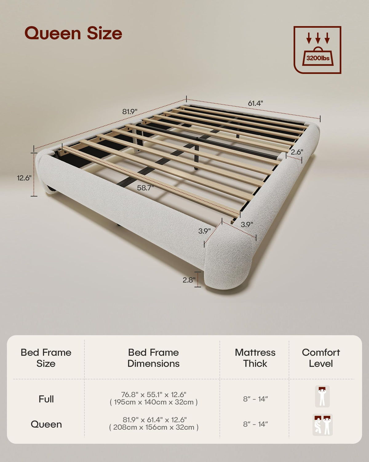 Queen Size White Boucle Upholstered Bed Frame L39311