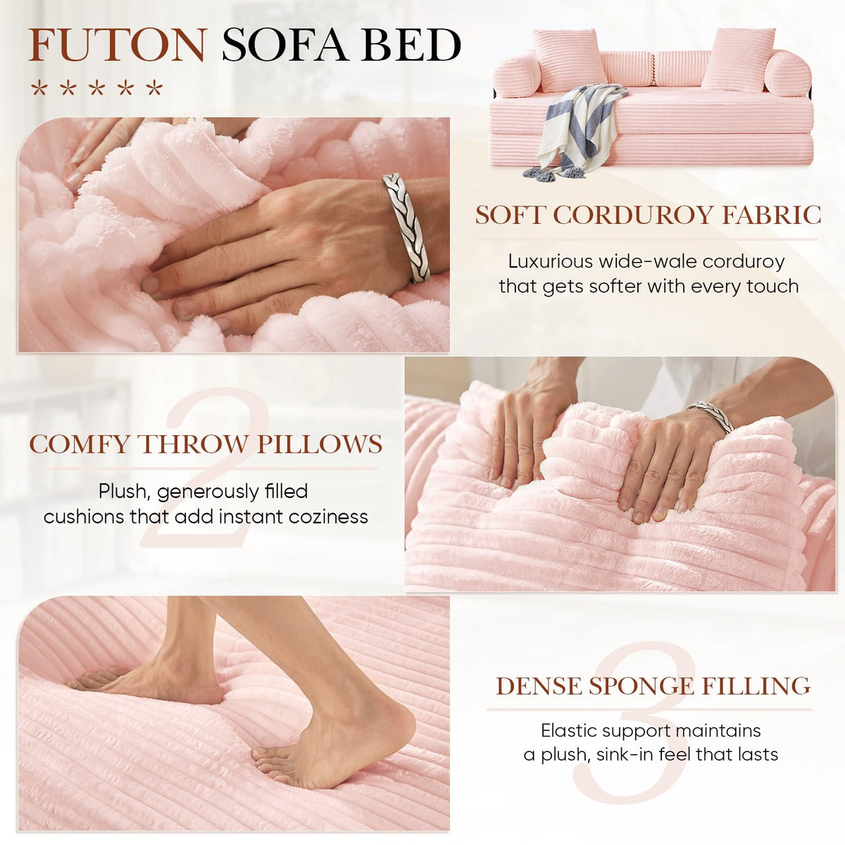 Pink Corduroy Convertible Sleeper Sofa Bed W55831