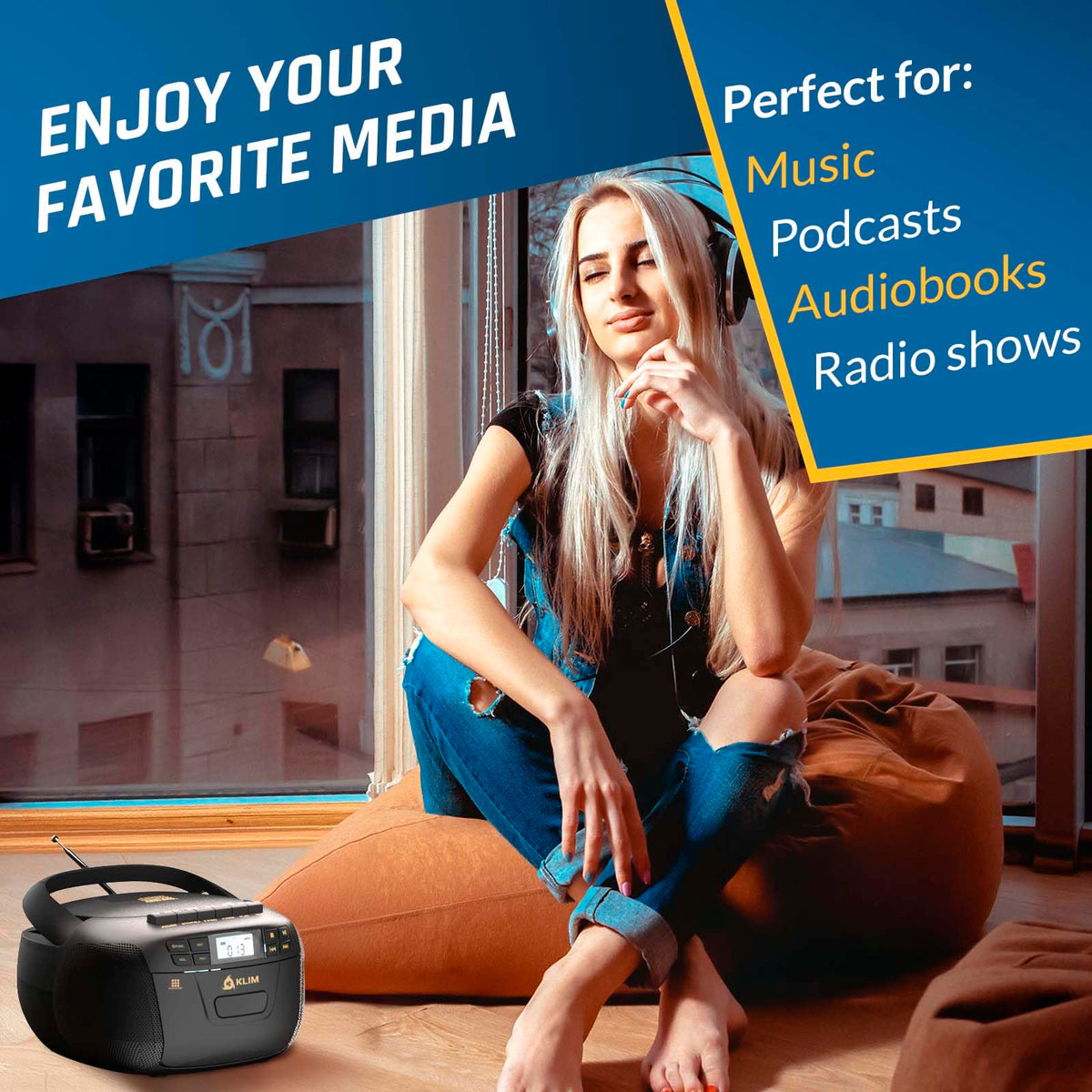Black CD Cassette Player Boombox with Bluetooth and AM FM Radio W3939