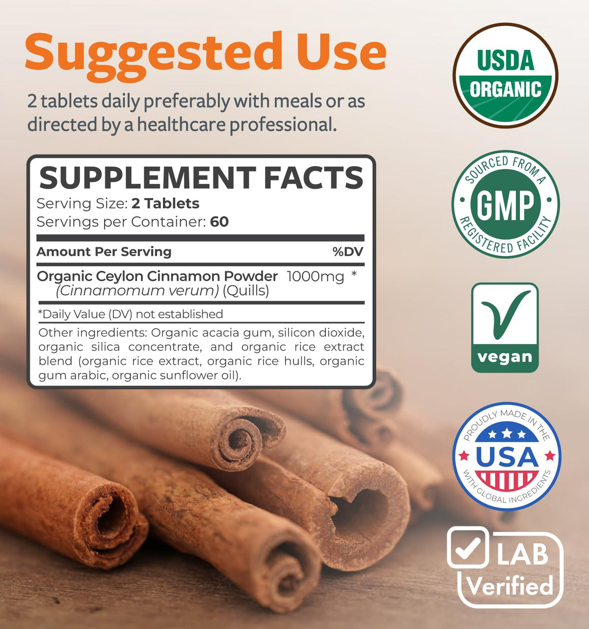 USDA Organic Ceylon Cinnamon 1000mg Vegan Non-GMO Supplement N7873