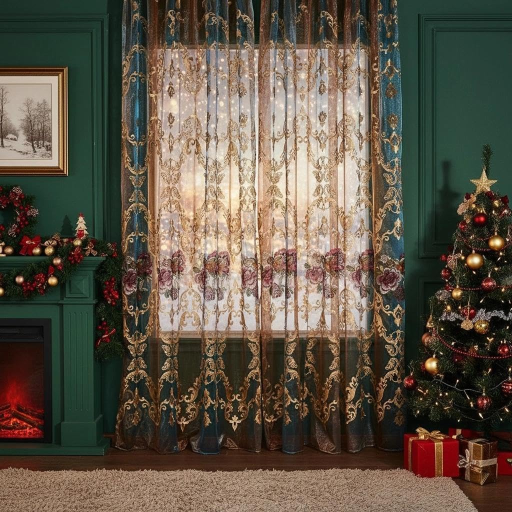 Embroidered Sheer Curtains with Floral Patterns 100"W x 84"L Z9391