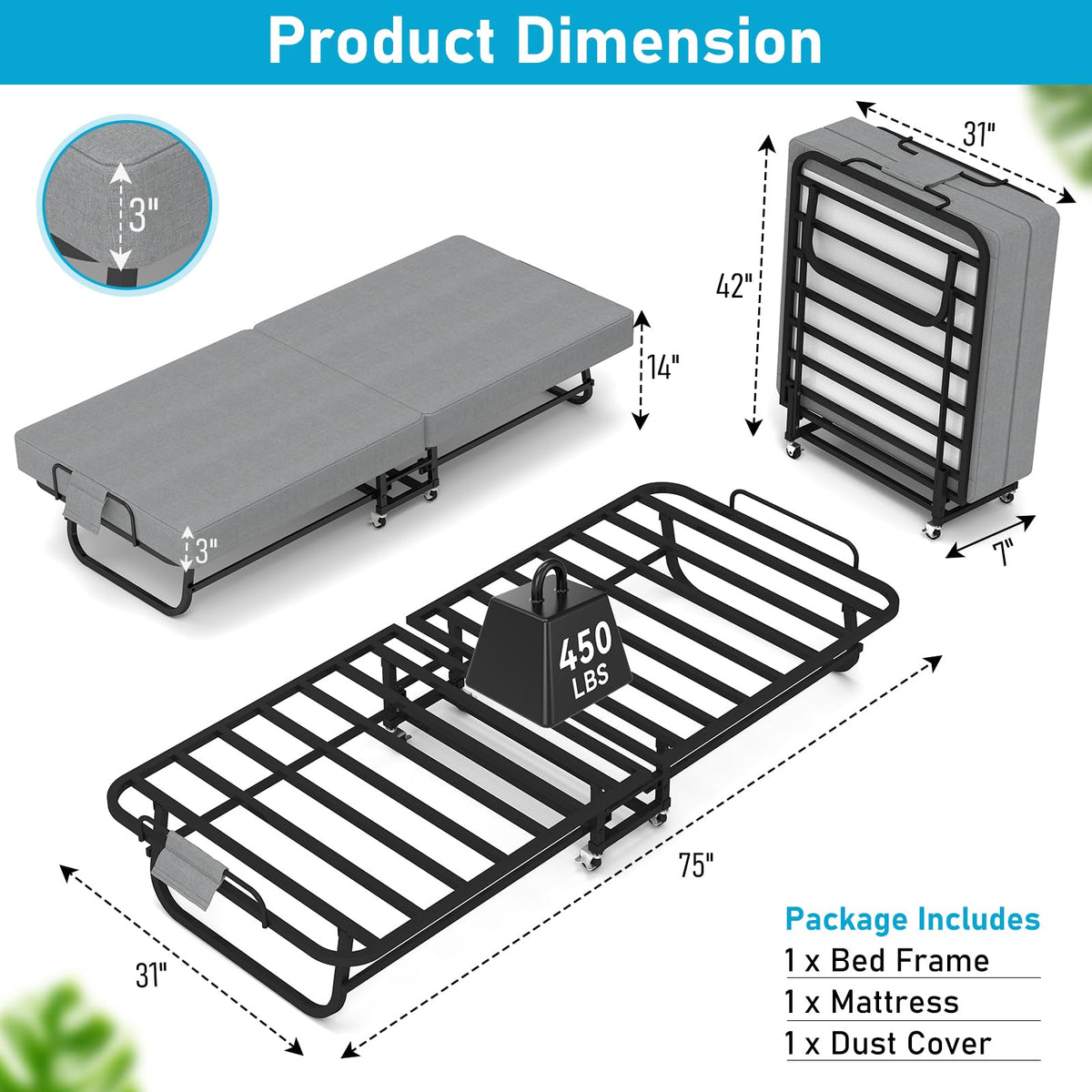 Folding Bed Portable Roll Away Bed 75" x 31" S948