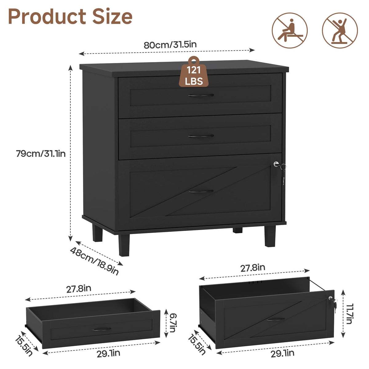 3-Drawer Wooden File Cabinet with Lock R972923