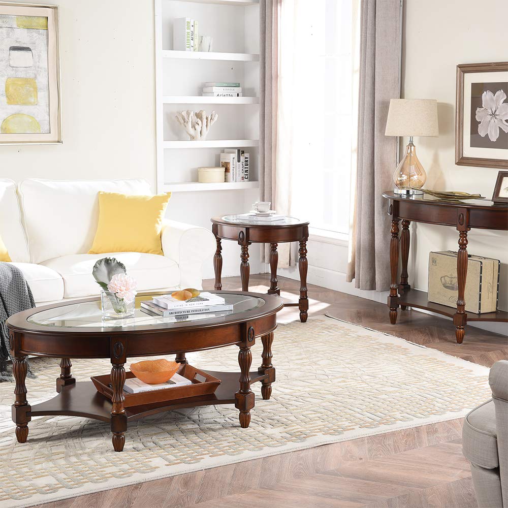 Wood Oval End Table with Glass Top Z9061