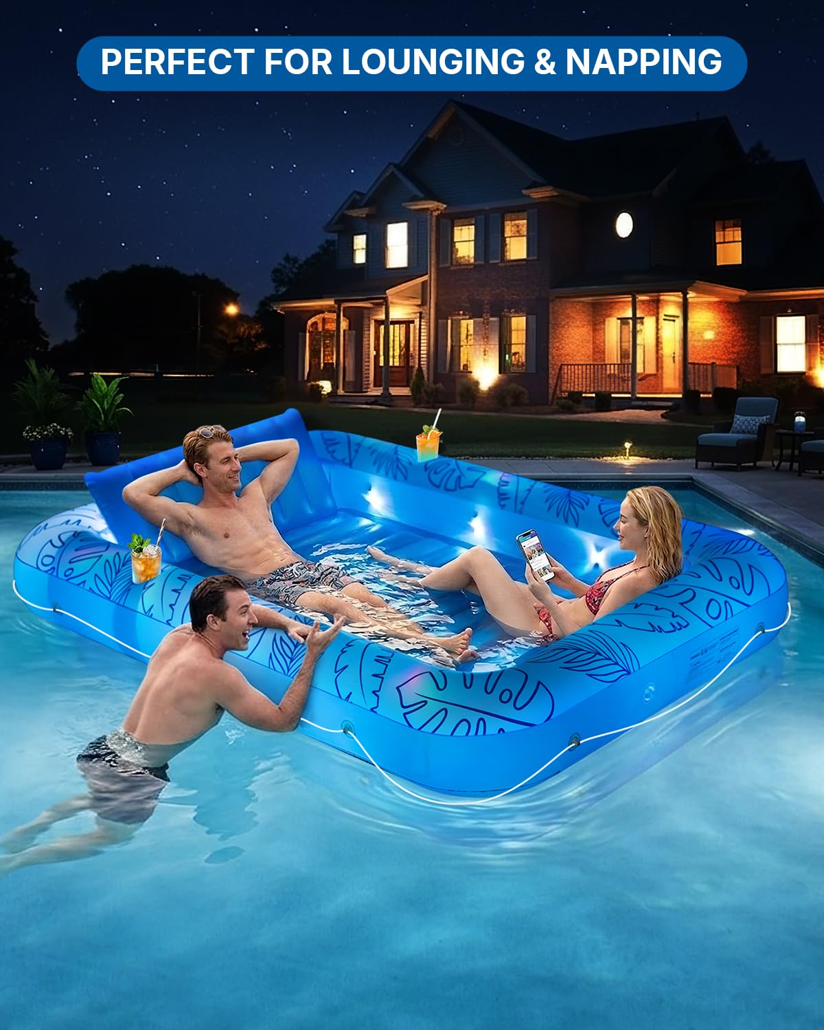 Inflatable Tanning Pool Float with Lights and Pillow J243689