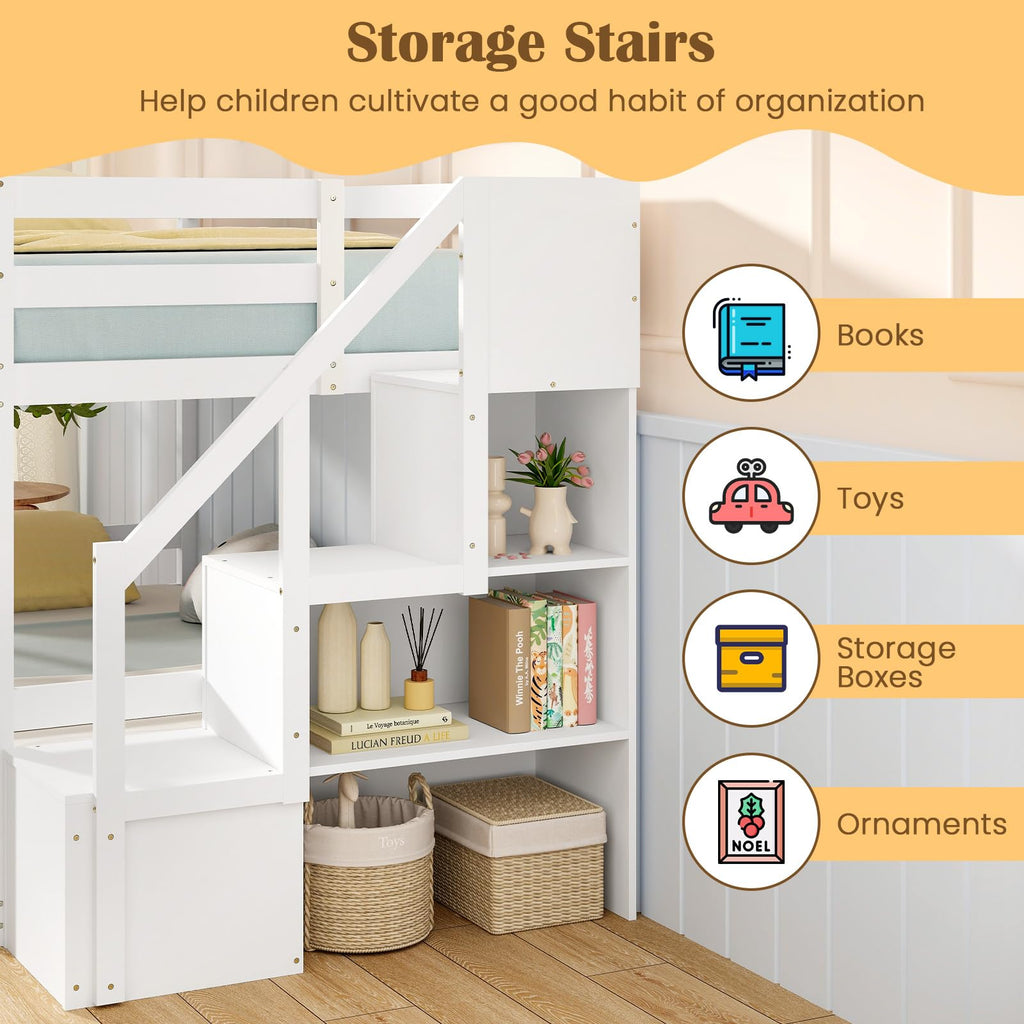 White Twin Over Twin Solid Wood Bunk Bed with Stairs X6164
