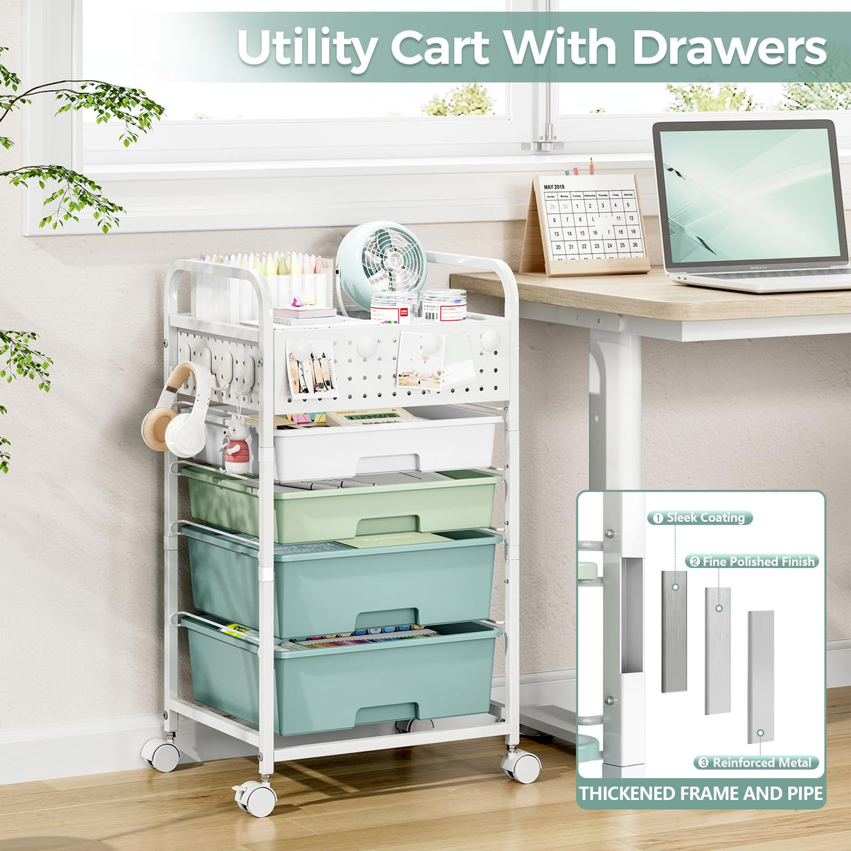4 Drawer Rolling Storage Cart with Pegboard Top and Hooks Q520678