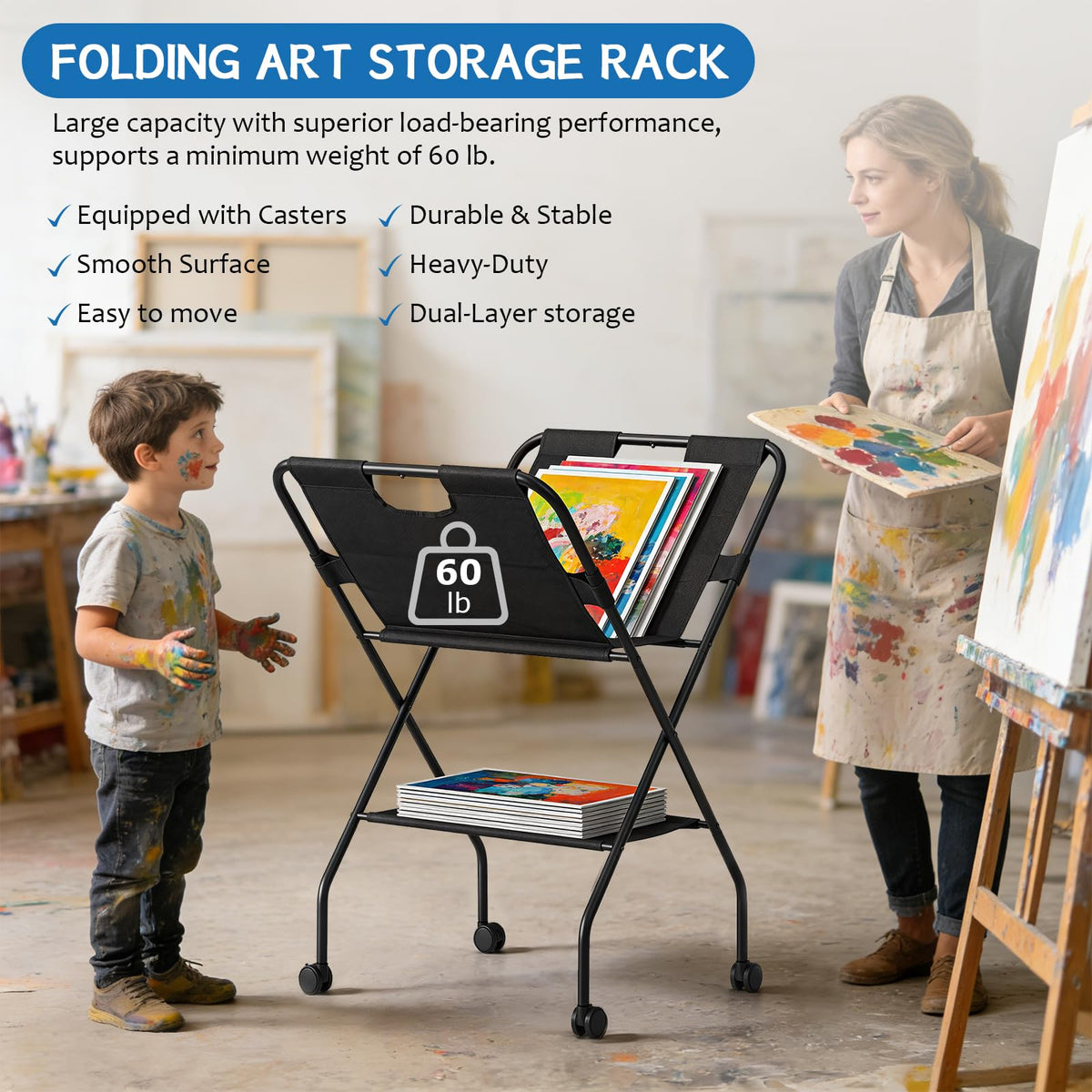 Folding Canvas Art Print Storage Rack with Caster Wheels Z449250