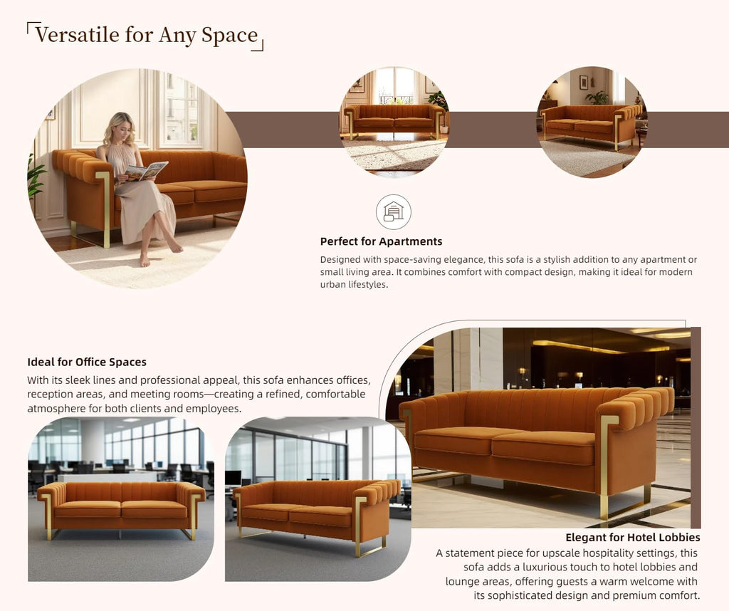 Orange Velvet 3 Seater Sofa with Gold Metal Legs P184203