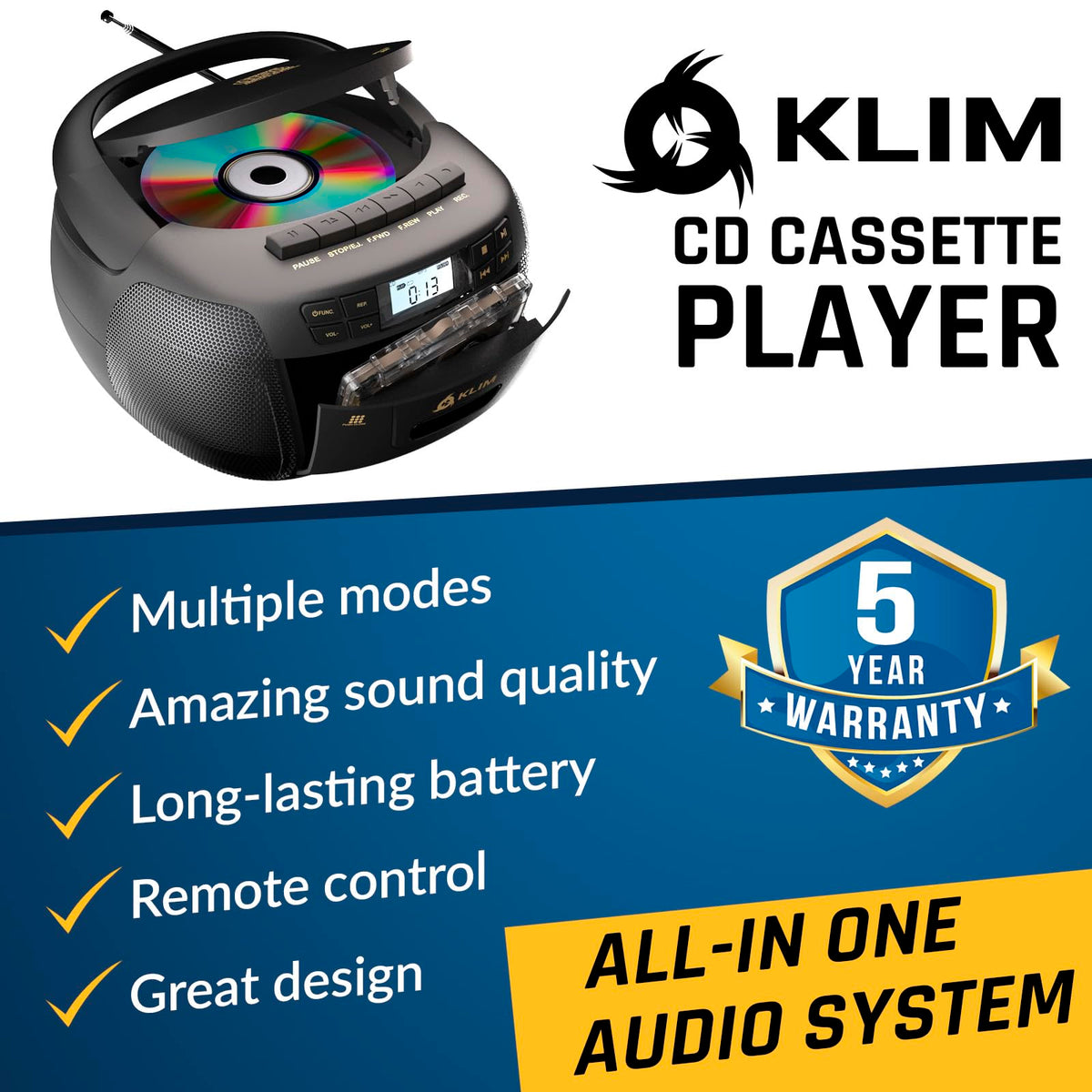 Black CD Cassette Player Boombox with Bluetooth and AM FM Radio W3939