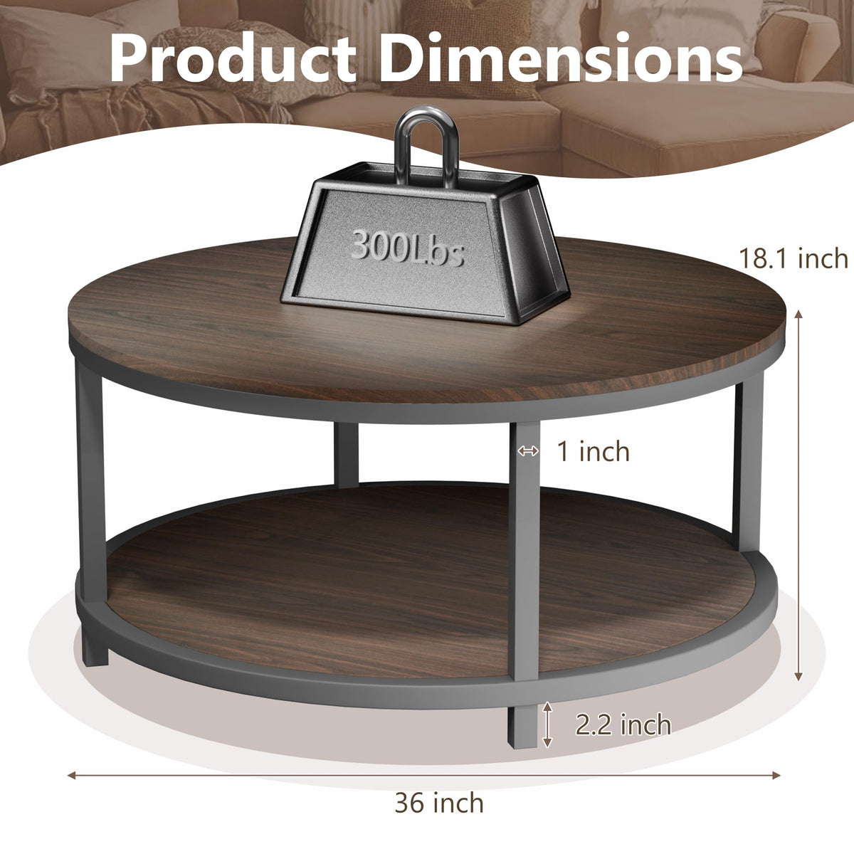 36" Round 2-Tier Coffee Table with Storage Shelf, Black Walnut F95421