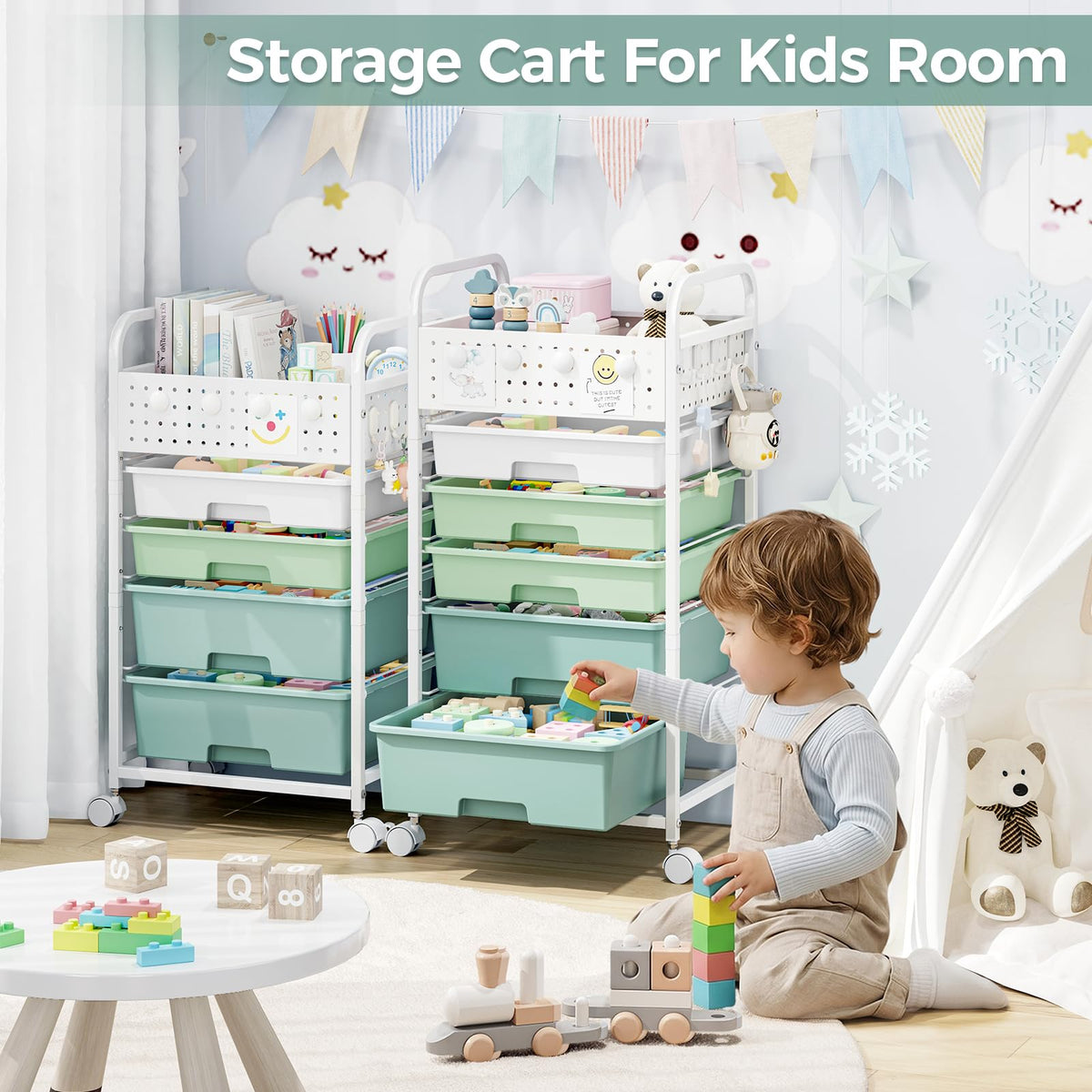 4 Drawer Rolling Storage Cart with Pegboard Top and Hooks Q520678