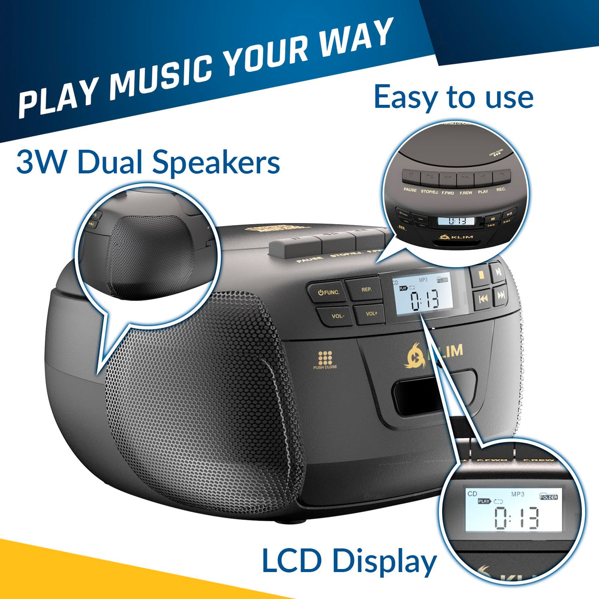 Black CD Cassette Player Boombox with Bluetooth and AM FM Radio W3939