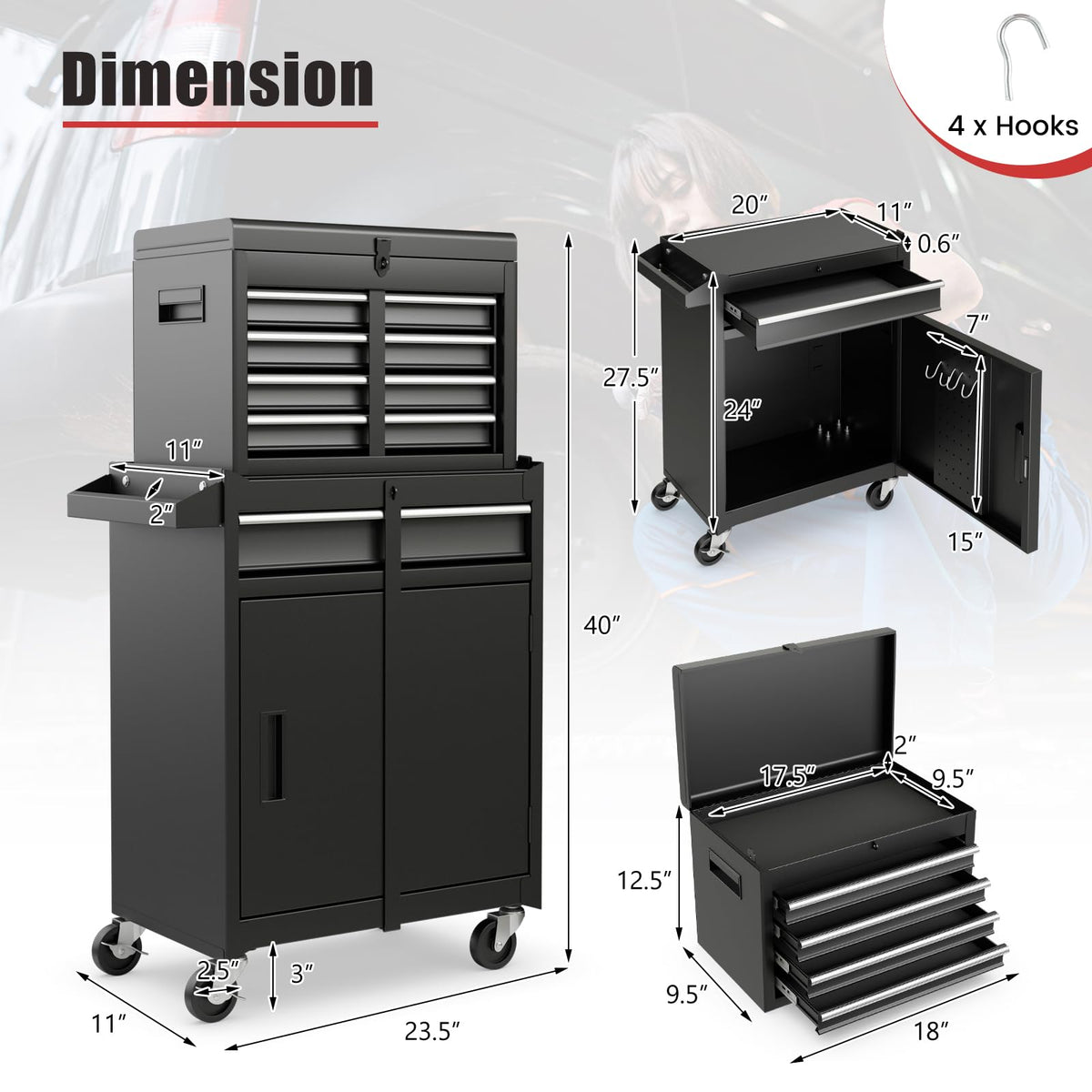 5 Drawer Rolling Metal Tool Chest with Detachable Top Toolbox C30152