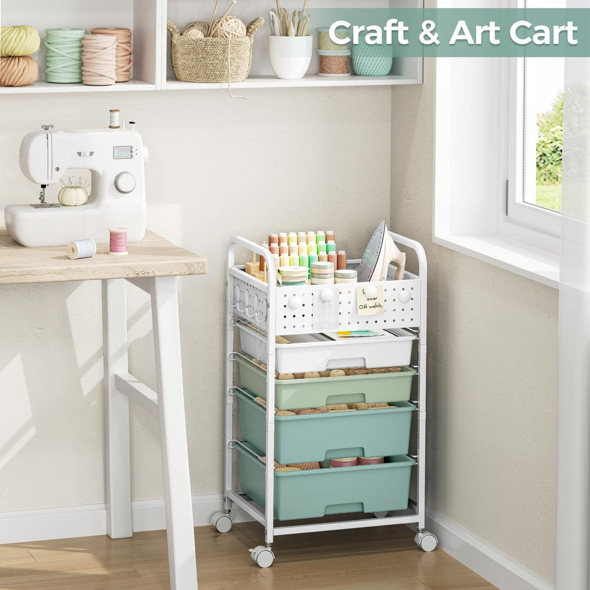 4 Drawer Rolling Storage Cart with Pegboard Top and Hooks Q520678