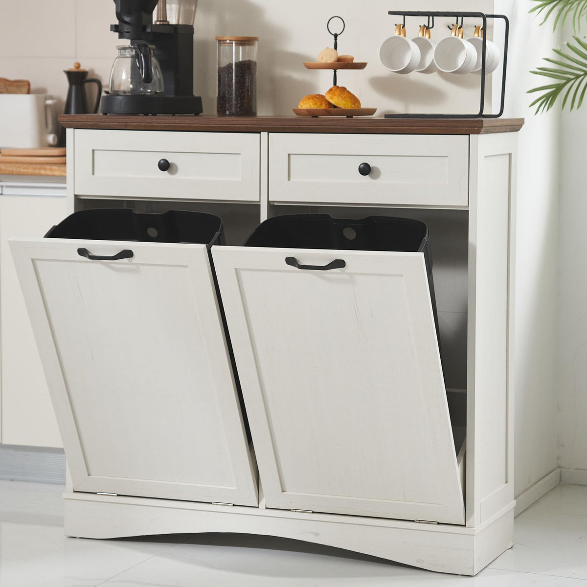 Antique White 2x13 Gallons Trash Can Cabinet H933
