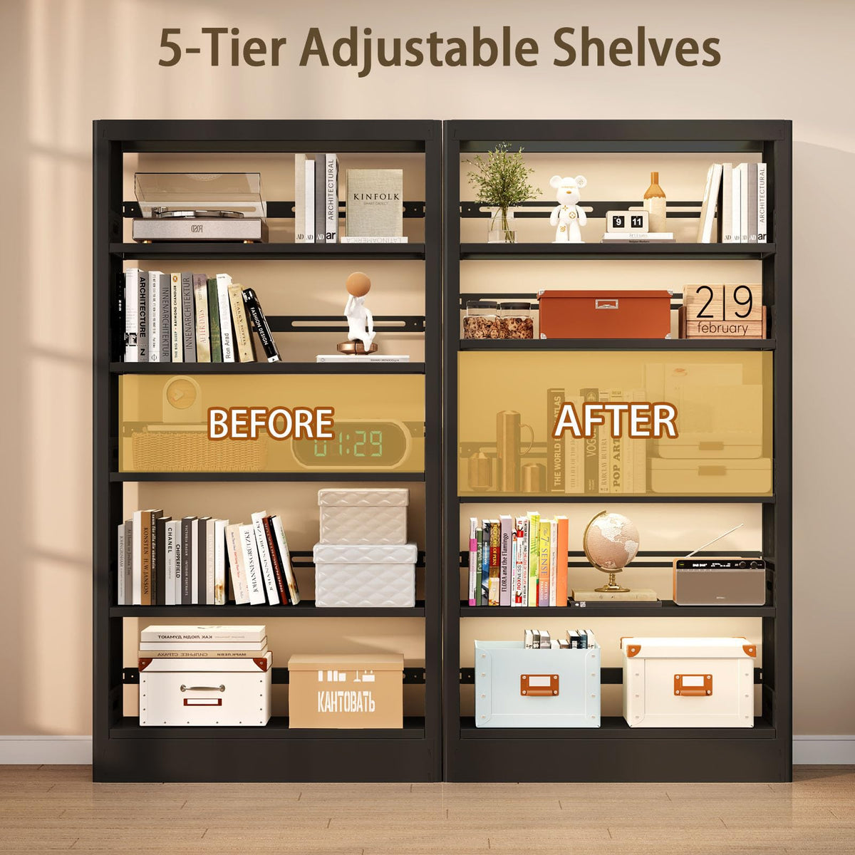 71" Black 5 Tier Metal Bookshelf with Adjustable Shelves O166