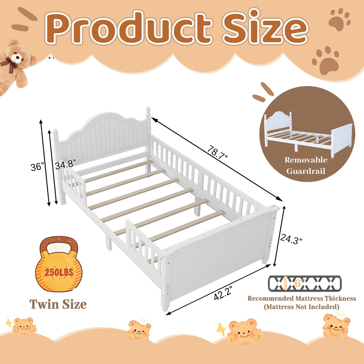 White Twin Bed Frame with Headboard and Rails I450