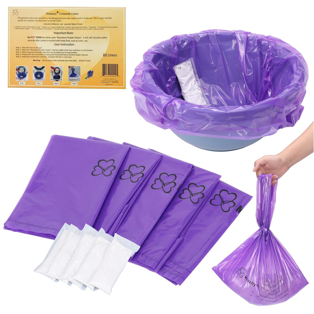 Commode Liners 60 Pack with Absorbent Powder Packs J27025
