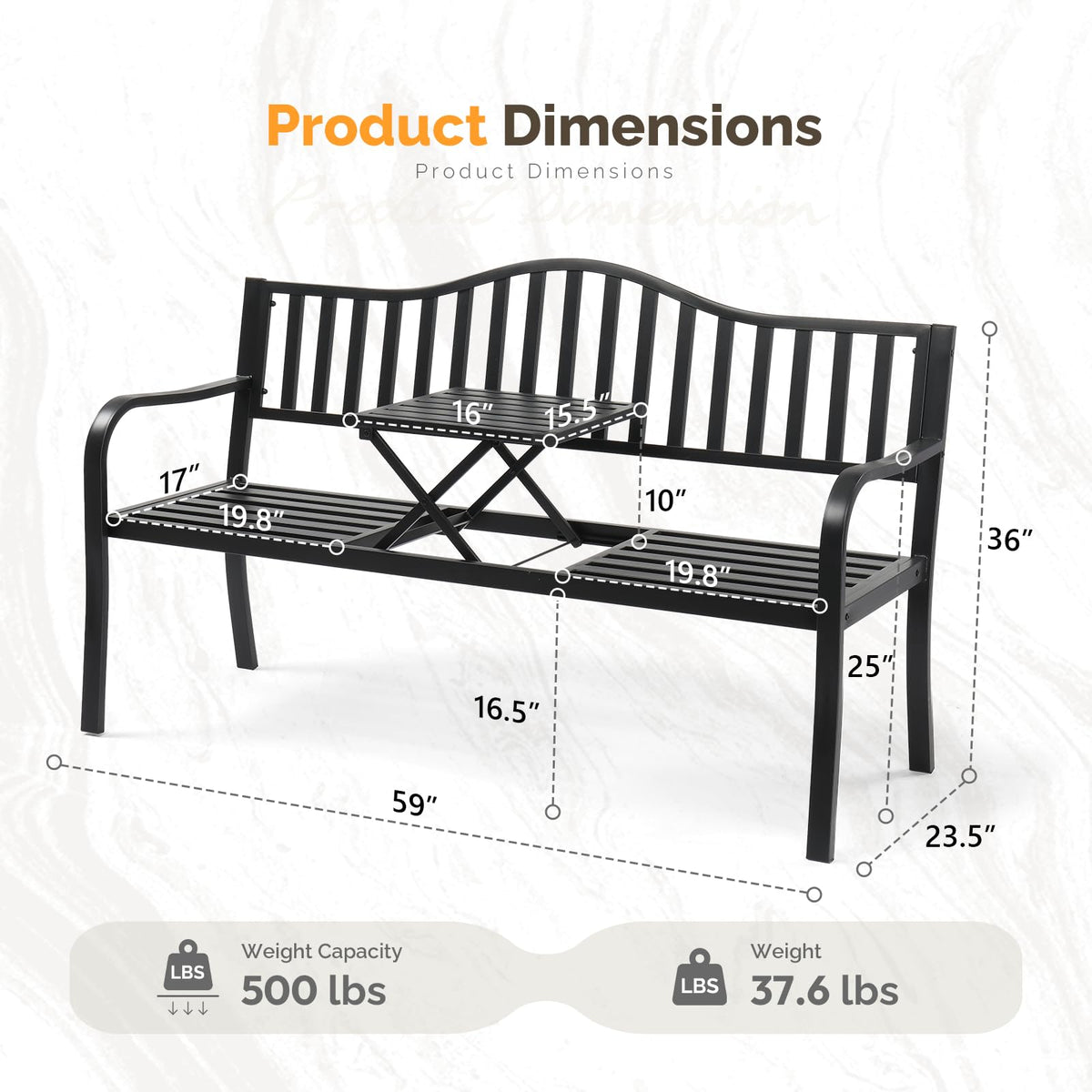 59" Outdoor Metal Bench with Built in Table H28479