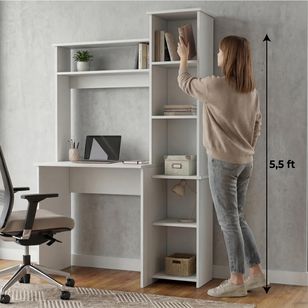 White Small Desk with Hutch and Bookshelf U9418