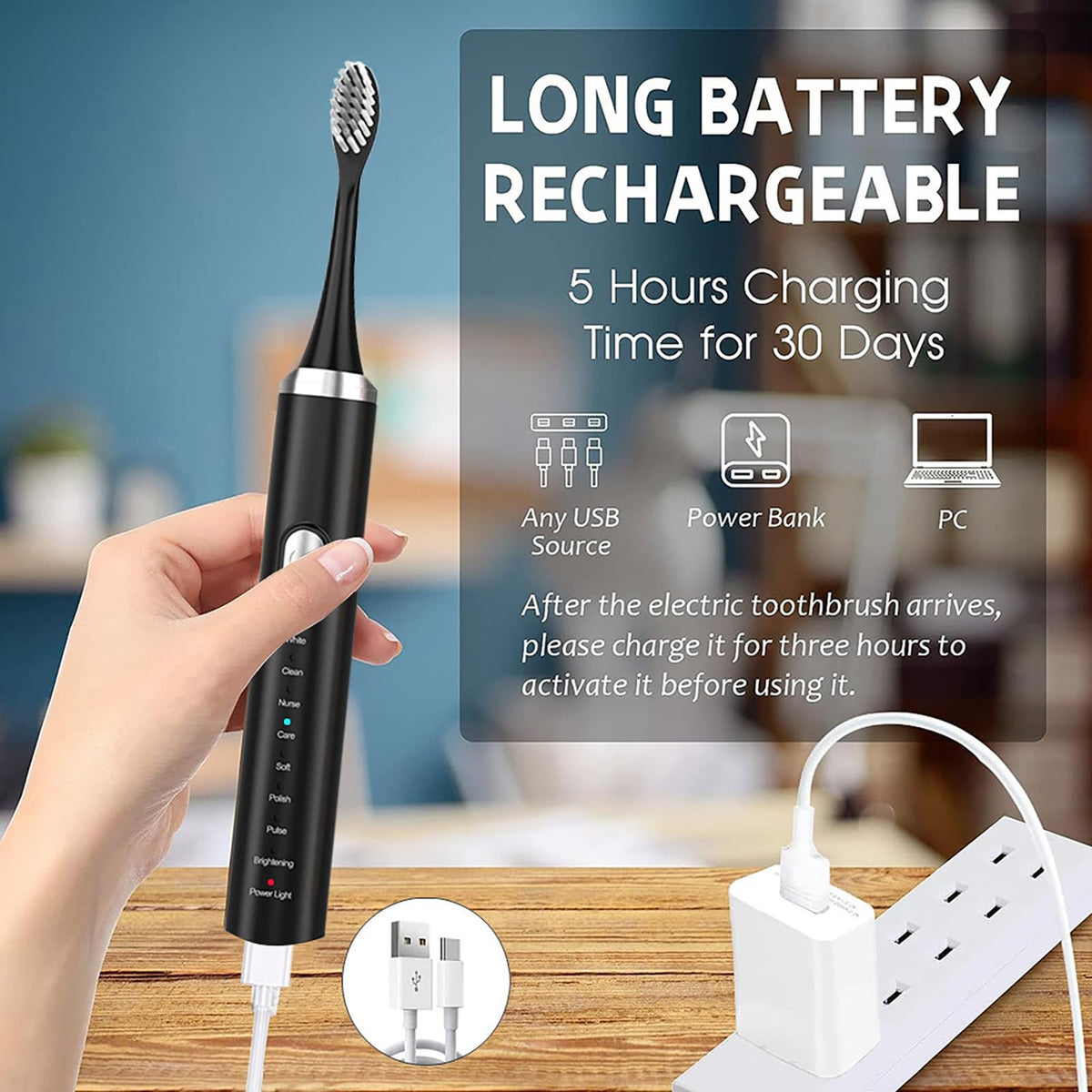 Rechargeable Electric Toothbrush with 4 Replacement Heads I372