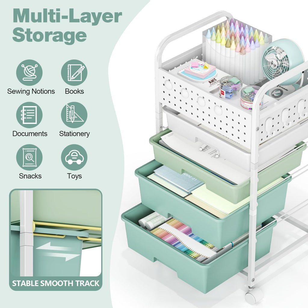 4 Drawer Rolling Storage Cart with Pegboard Top and Hooks Q520678