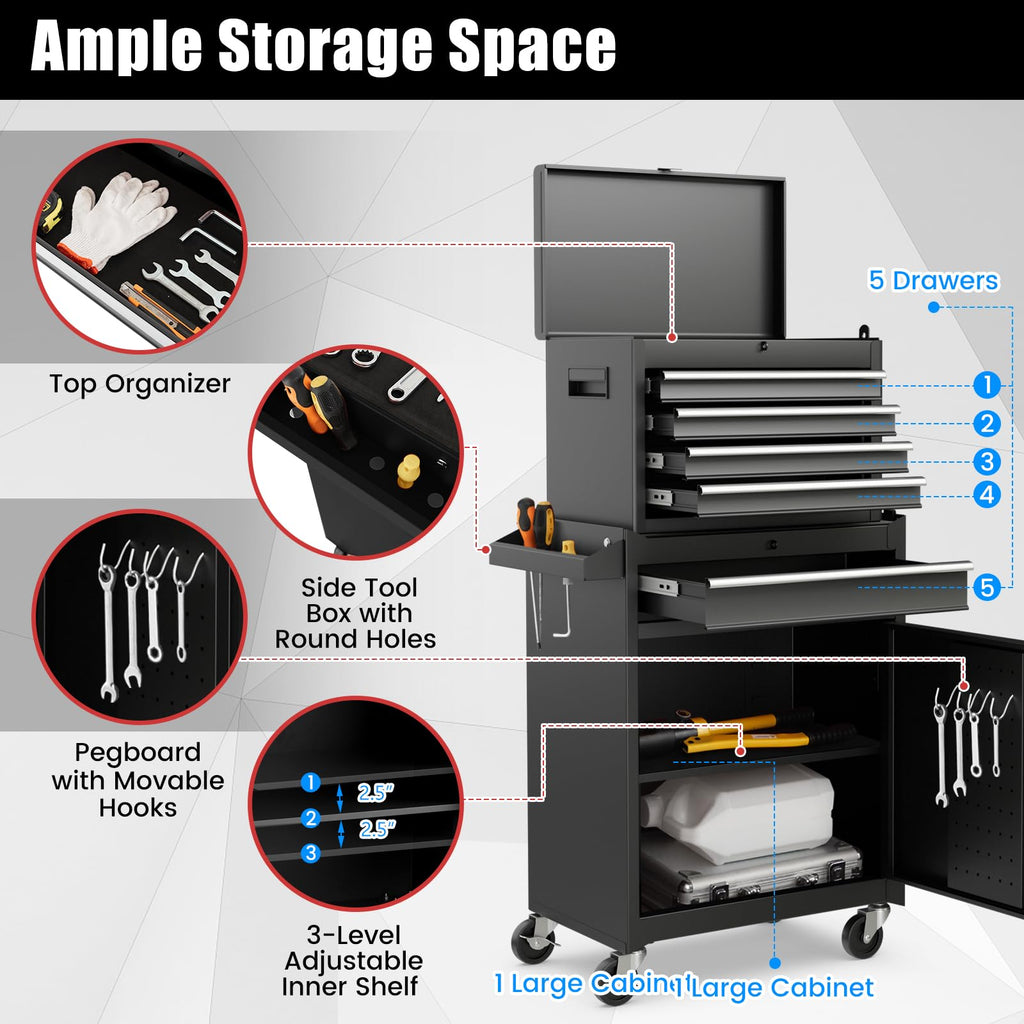 5 Drawer Rolling Metal Tool Chest with Detachable Top Toolbox C30152