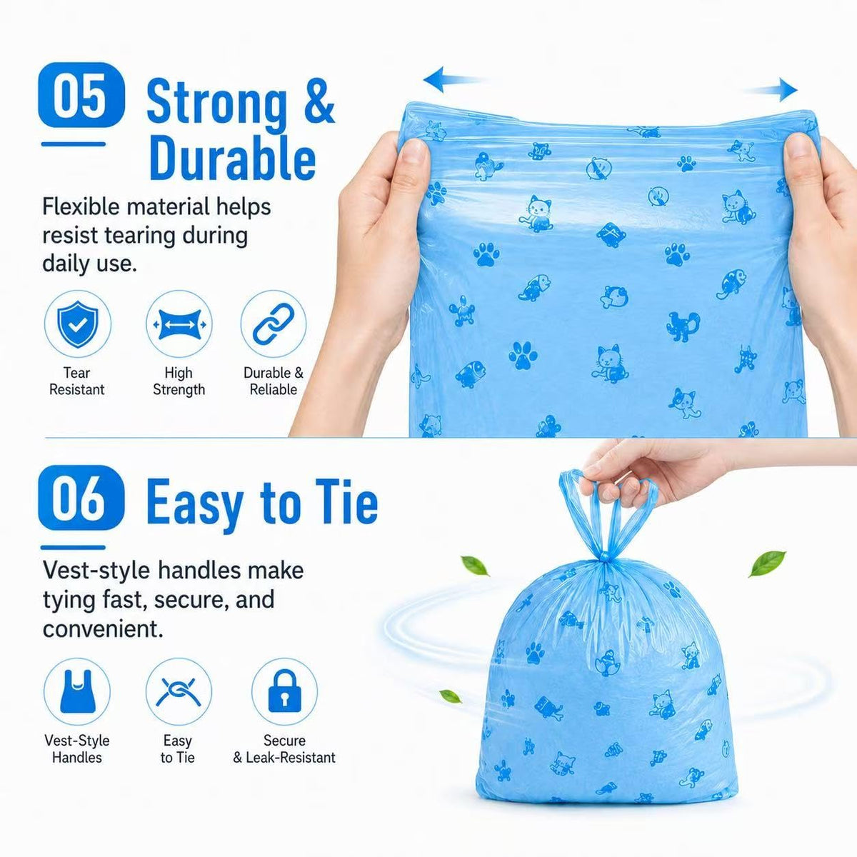 Cat Litter Poop Pick-Up Bags with Handles, Leak Proof, Unscented, 100 bags M72712