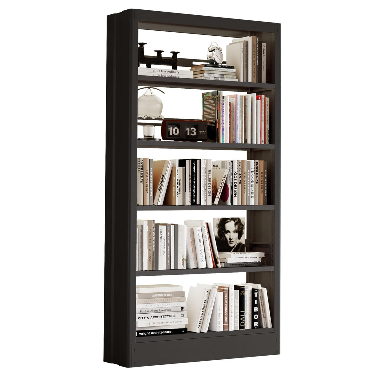 71" Black 5 Tier Metal Bookshelf with Adjustable Shelves O166