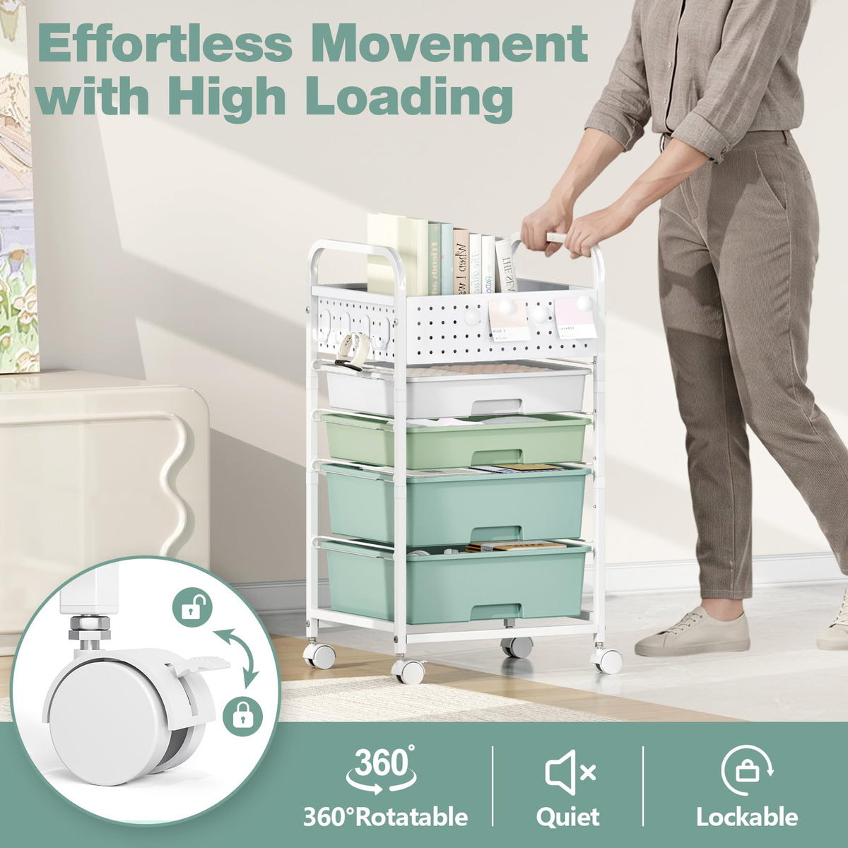 4 Drawer Rolling Storage Cart with Pegboard Top and Hooks Q520678