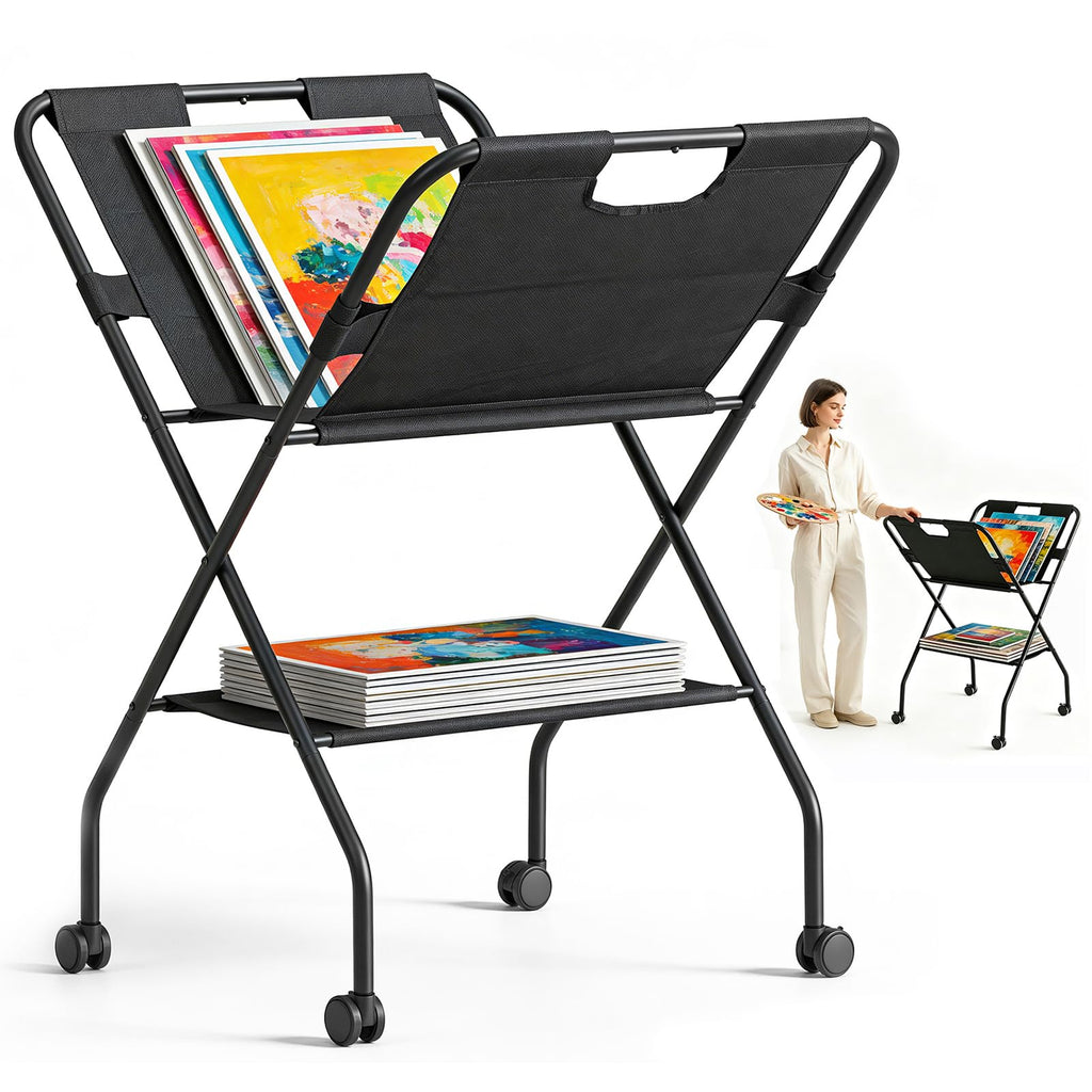Folding Canvas Art Print Storage Rack with Caster Wheels Z449250