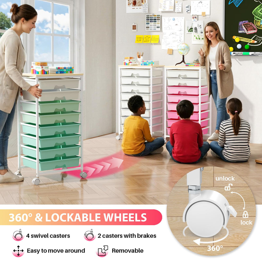 Green Rolling Cart with 8 Drawers B3458