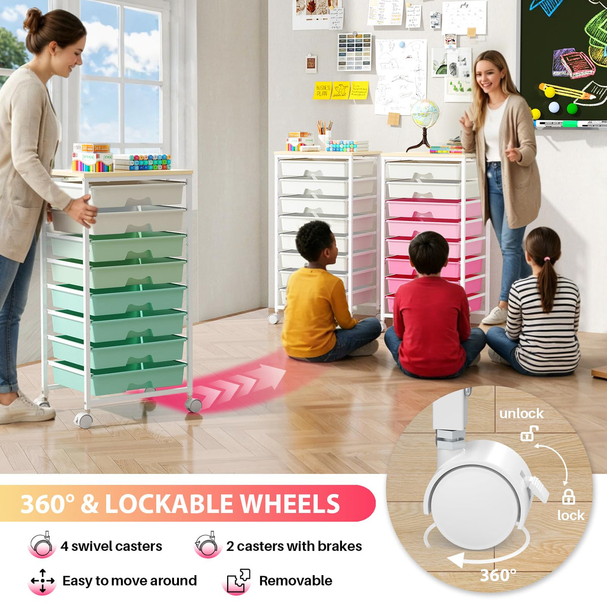 Green Rolling Cart with 8 Drawers B3458