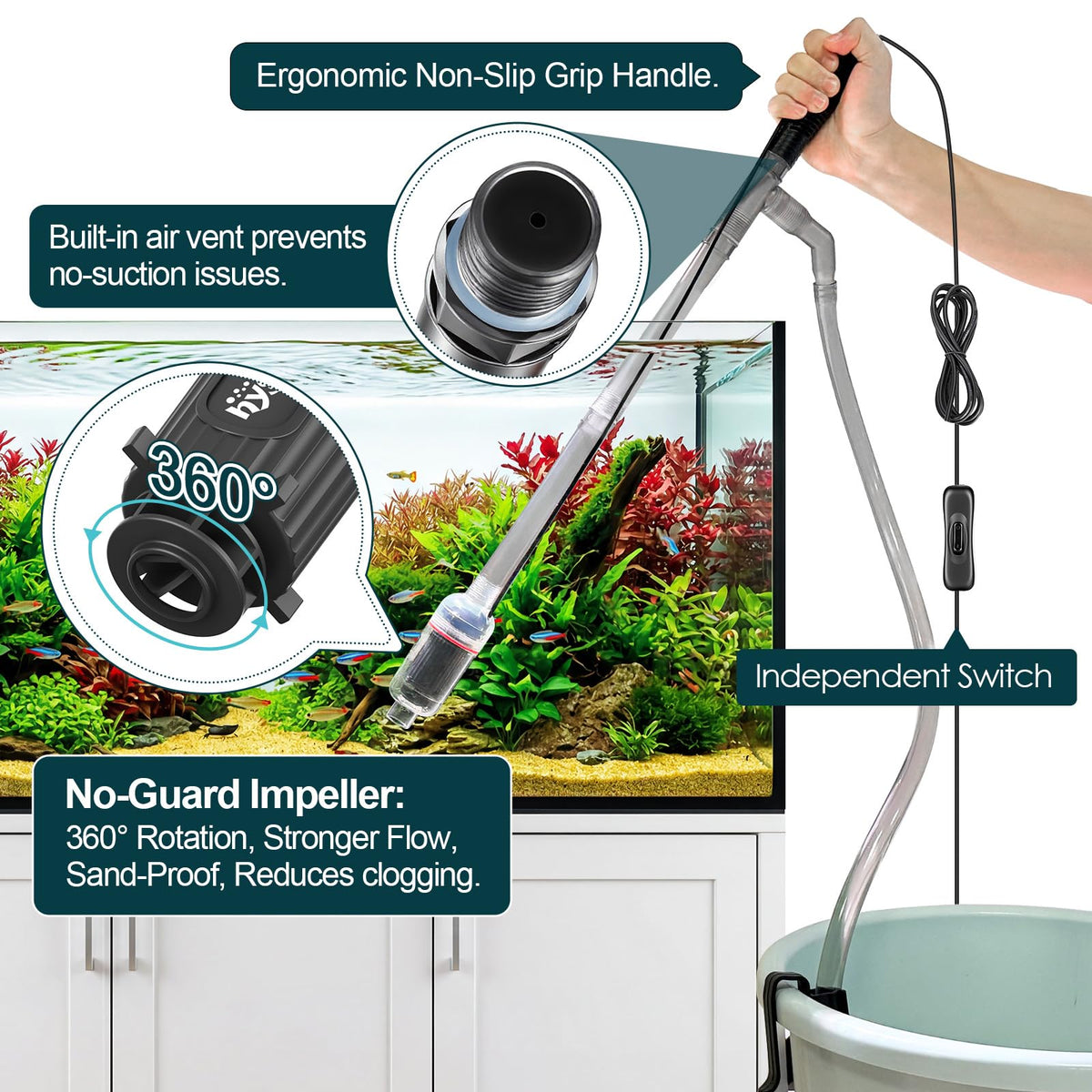 Electric Aquarium Gravel Cleaner, 528GPH Fish Tank Vacuum, 5-in-1 Sand Washer Water Changer Kit C452