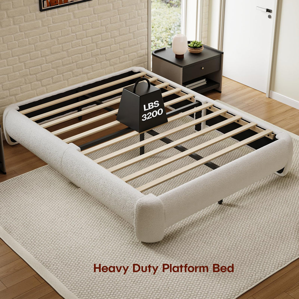 Queen Size White Boucle Upholstered Bed Frame L39311