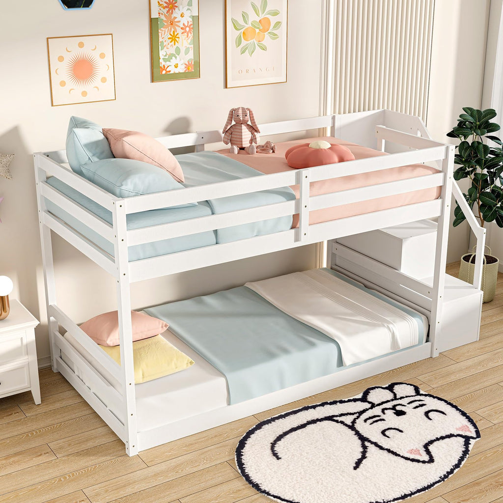 White Twin Over Twin Solid Wood Bunk Bed with Stairs X6164