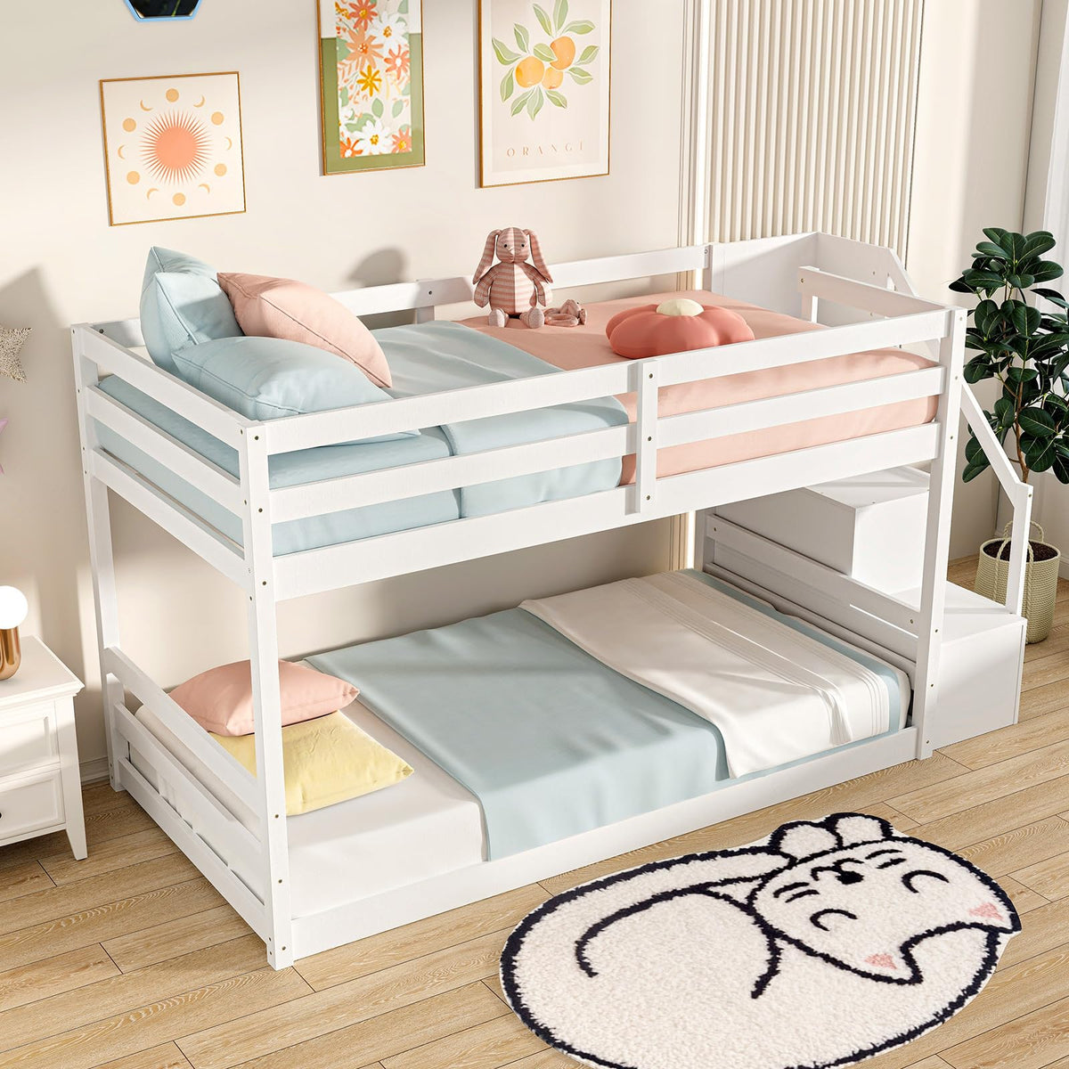 White Twin Over Twin Solid Wood Bunk Bed with Stairs X6164