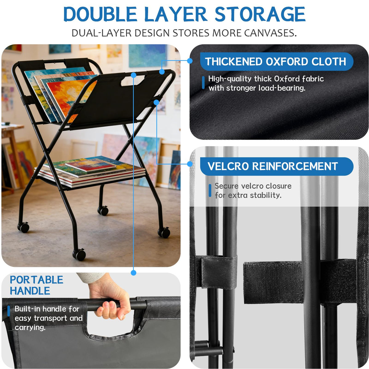 Folding Canvas Art Print Storage Rack with Caster Wheels Z449250