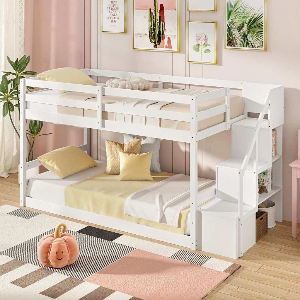 White Twin Over Twin Solid Wood Bunk Bed with Stairs X6164