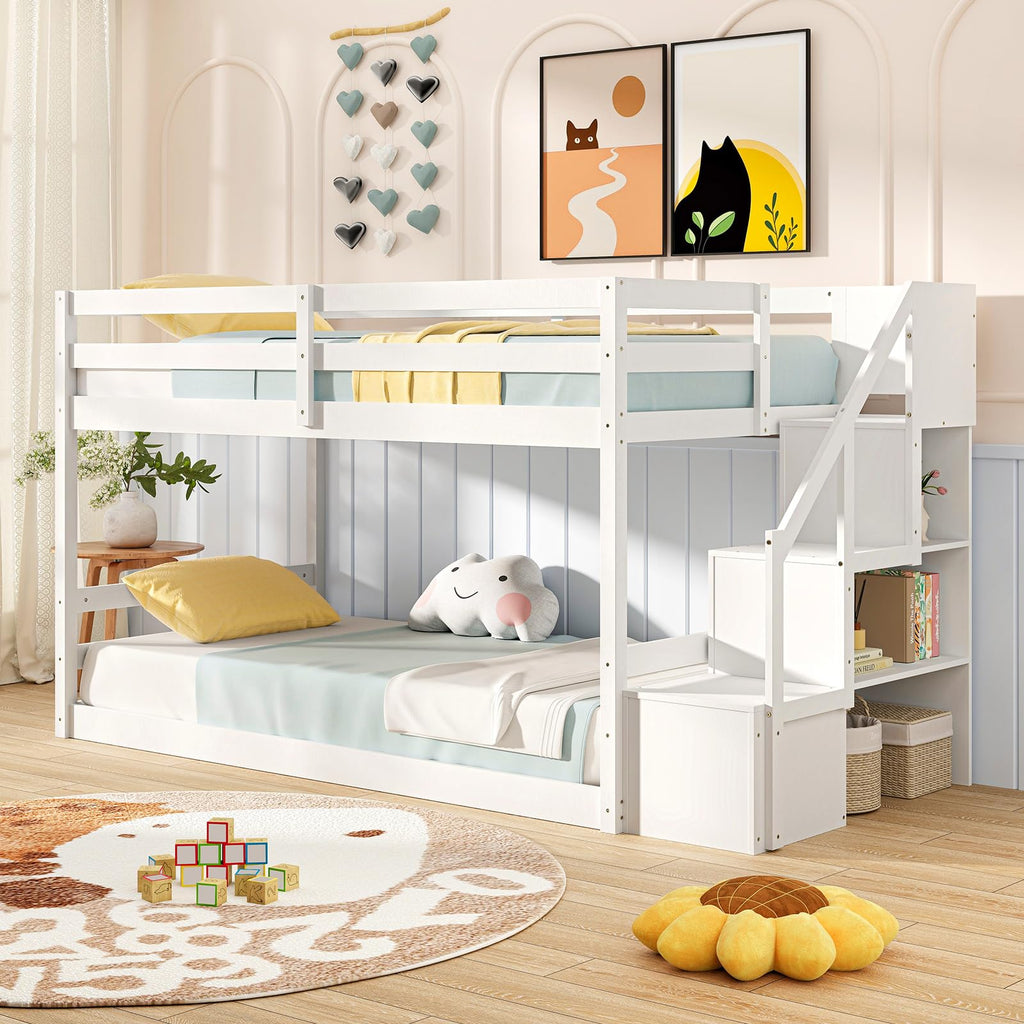 White Twin Over Twin Solid Wood Bunk Bed with Stairs X6164