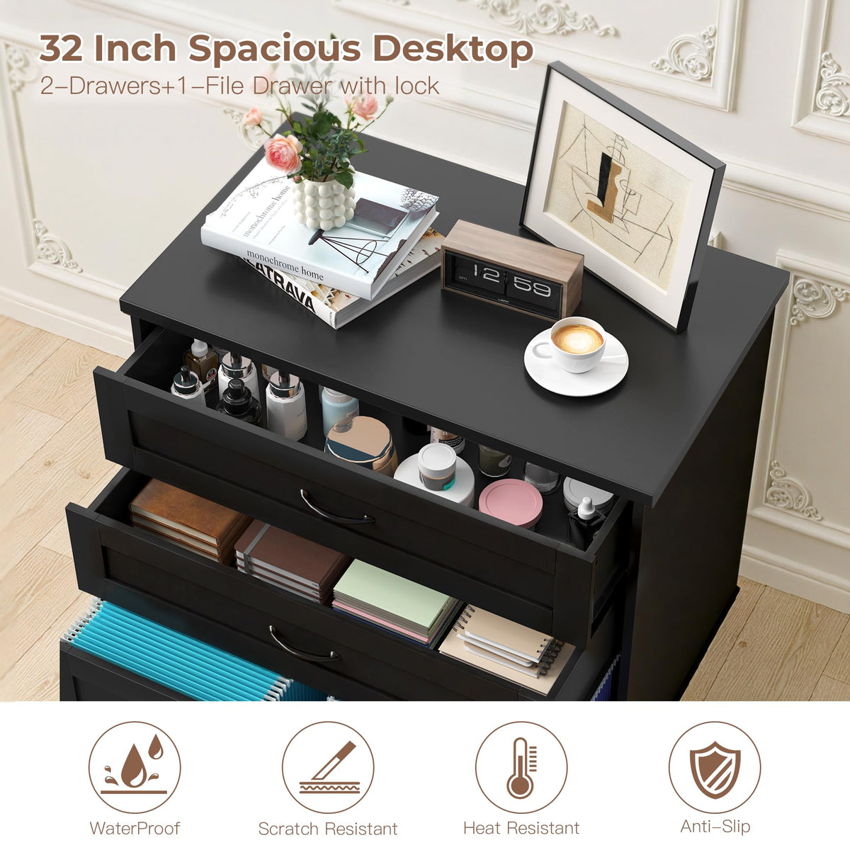 3-Drawer Wooden File Cabinet with Lock R972923